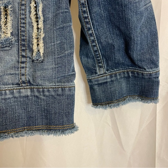 ALLEN B Women’s Jeweled Distressed Jean Jacket Cropped Sleeves Size Small - Picture 8 of 16
